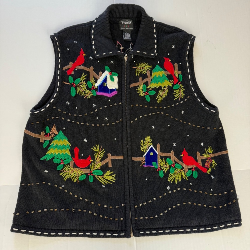 Designer Originals Studio Joy Women XL Black Cardinal Birdhouse Sweater Vest Zip